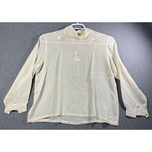 Vintage SUSI embroidered 100% Silk Mock Neck Blouse Ivory Long Sleeves L